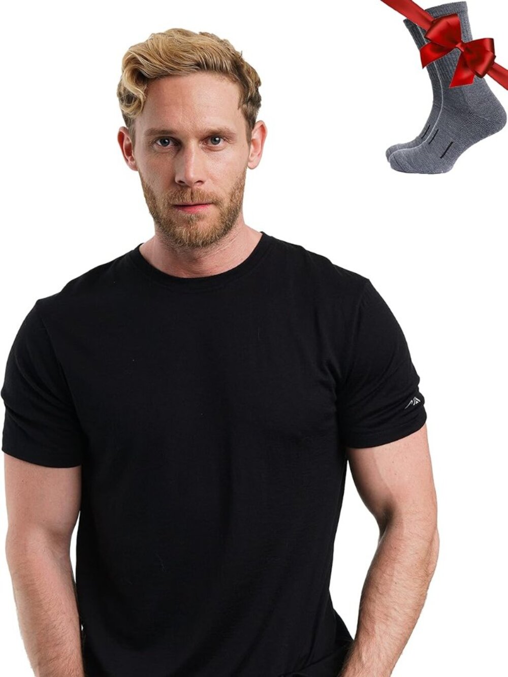 Merino.tech Men’s Merino Wool T-Shirt with Included Hiking Socks (Black Ink)